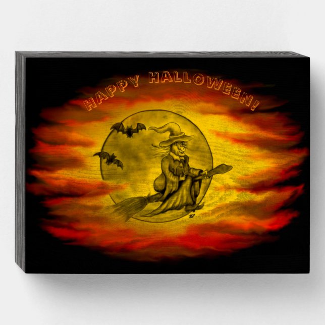 Flying witch with black cat , halloween night wooden box sign (Front Horizontal)