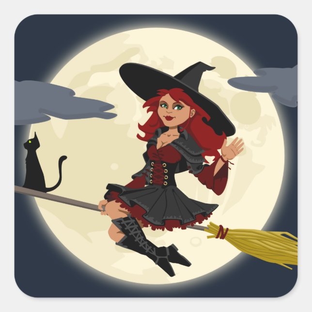 Flying Witch with Broom and Black Cat Square Sticker (Front)