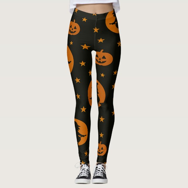 Flying Witches and Floating Pumpkins Black  Leggings (Front)