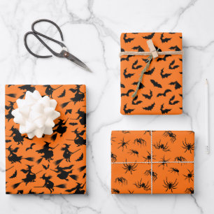 Flying Witches, Bats and Spiders Pattern Wrapping Paper Sheets