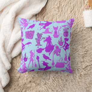 Flying witches pattern.Purple L Blue BG Throw Pillow