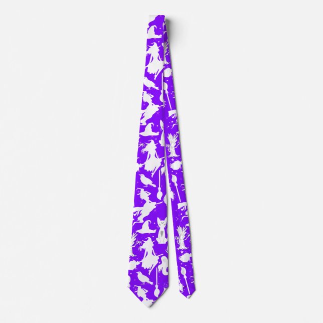 Flying witches pattern.White B Purple BG Neck Tie (Front)