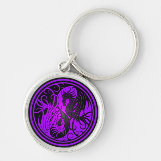 Flying Yin Yang Dragons - purple and black Keychain (Front)