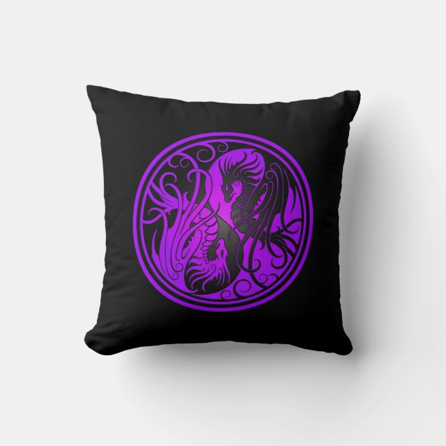 Flying Yin Yang Dragons - purple and black Throw Pillow (Front)