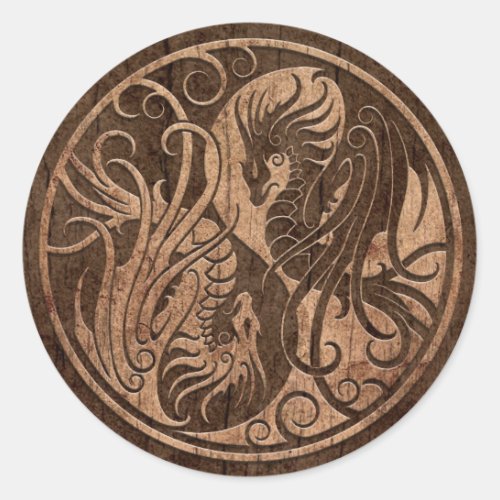 Flying Yin Yang Dragons with Wood Grain Effect Classic Round Sticker