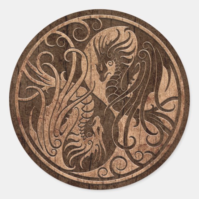 Flying Yin Yang Dragons with Wood Grain Effect Classic Round Sticker (Front)