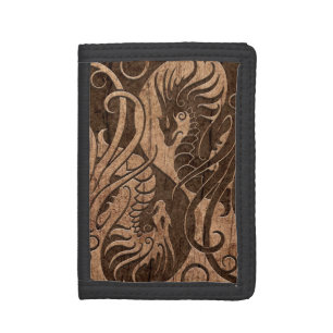 Flying Yin Yang Dragons with Wood Grain Effect Trifold Wallet
