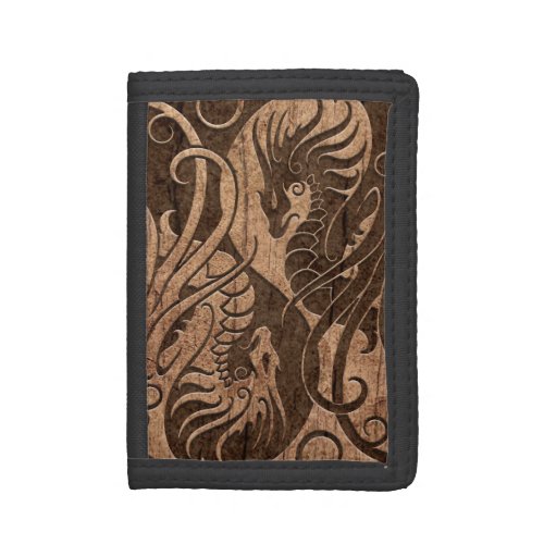 Flying Yin Yang Dragons with Wood Grain Effect Trifold Wallet