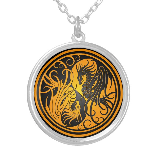 Flying Yin Yang Dragons - yellow and black Silver Plated Necklace (Front)