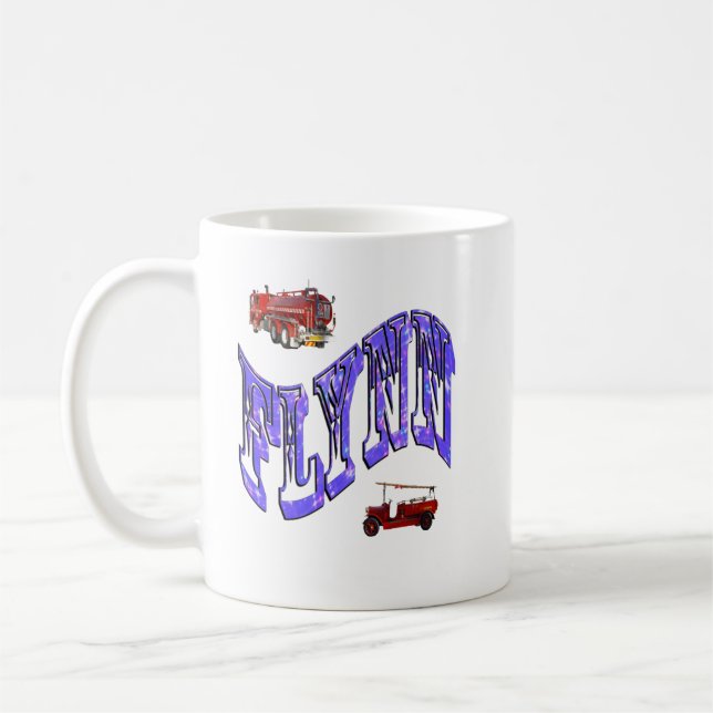 Flynn, Name, Logo With Fire Trucks, Coffee Mug (Left)