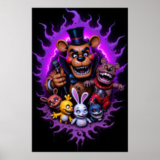 FNAF Animated Characters Gathering with Purple Poster