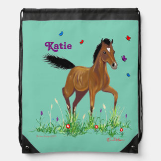 Foal and Butterflies Drawstring Pack Drawstring Bag