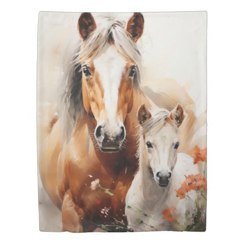 Foal and horse in the poppy meadow duvet cover