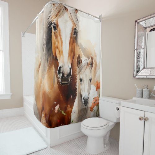 Foal and horse in the poppy meadow shower curtain