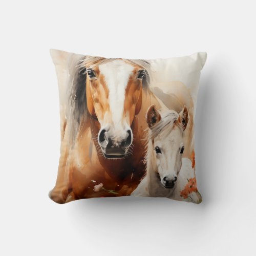 Foal and horse in the poppy meadow throw pillow
