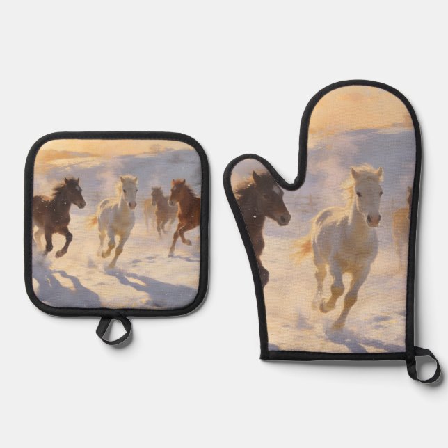 Foals at Play Oven Mitt & Pot Holder Set (Front)