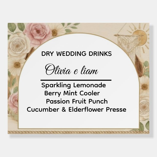 Foam Boards Boho Arch Dry Wedding Drinks Menu Sign (Front)