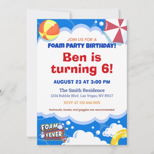 Foam Fever Las Vegas Birthday Party Invitation