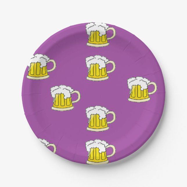 Foaming beer cup on purple paper plates (Front)