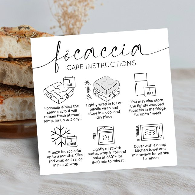 Focaccia Bread Care Guide Minimal Logo Bakery Square Business Card (Minimalist elegant focaccia bread care instructions cards with care icons, stylish calligraphy font)