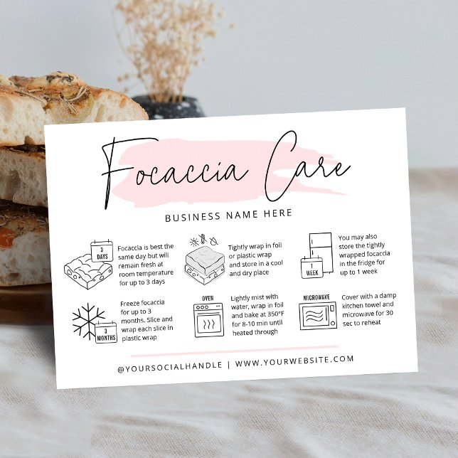 Focaccia Care Instructions Pink Watercolor Bread Business Card (Modern focaccia care cards with icons, modern script font and pink watercolor and your logo)