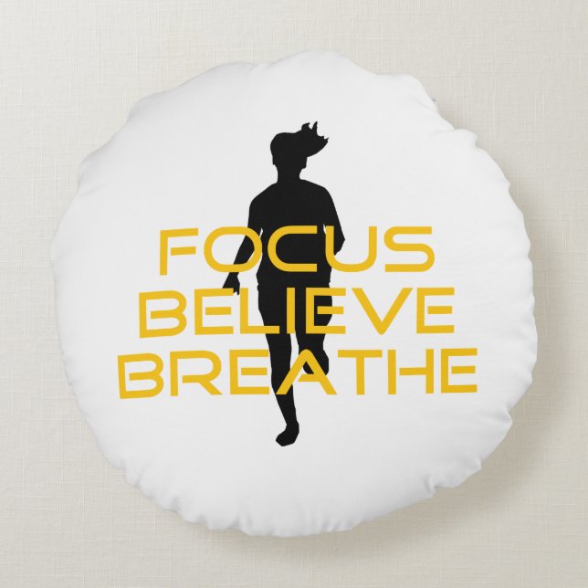 Focus Believe Breathe Yellow Running Fitness Round Pillow (Back)
