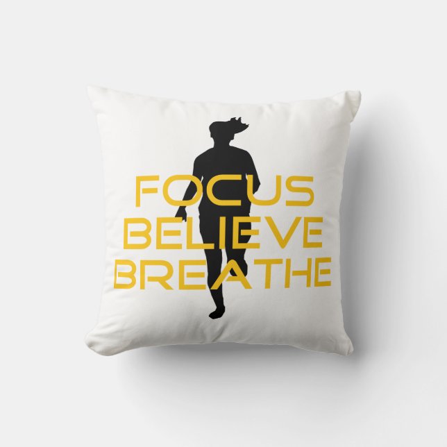 Focus Believe Breathe Yellow Running Fitness Throw Pillow (Front)
