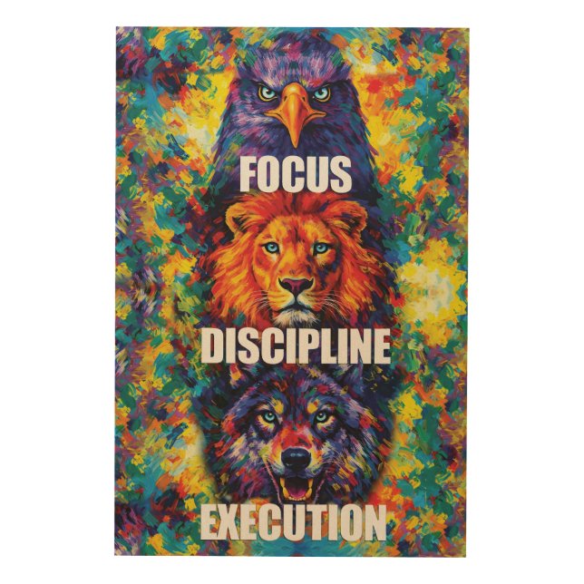 Focus Discipline Execution Eagle Lion Wolf Motivat Wood Wall Art (Front)