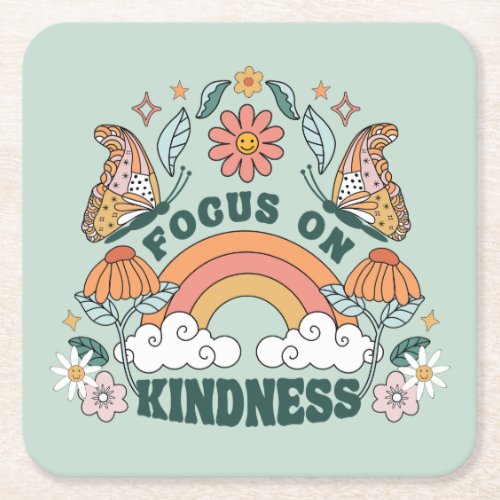 Focus on Kindness Groovy Graphic Square Paper Coaster