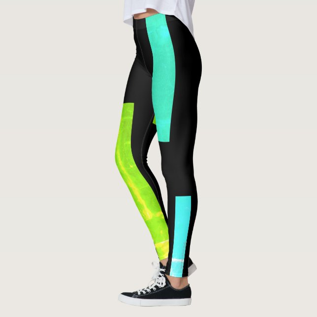 Focused Green Turquoise Blocks Abstract Leggings (Left)