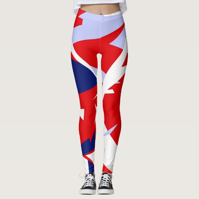 Focused Red Blue White Abstract Art Leggings (Front)