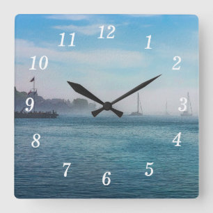 Fog At Mackinac Harbor Wall Clock