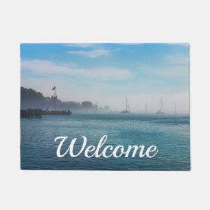 Fog At Mackinac Harbor Welcome Doormat