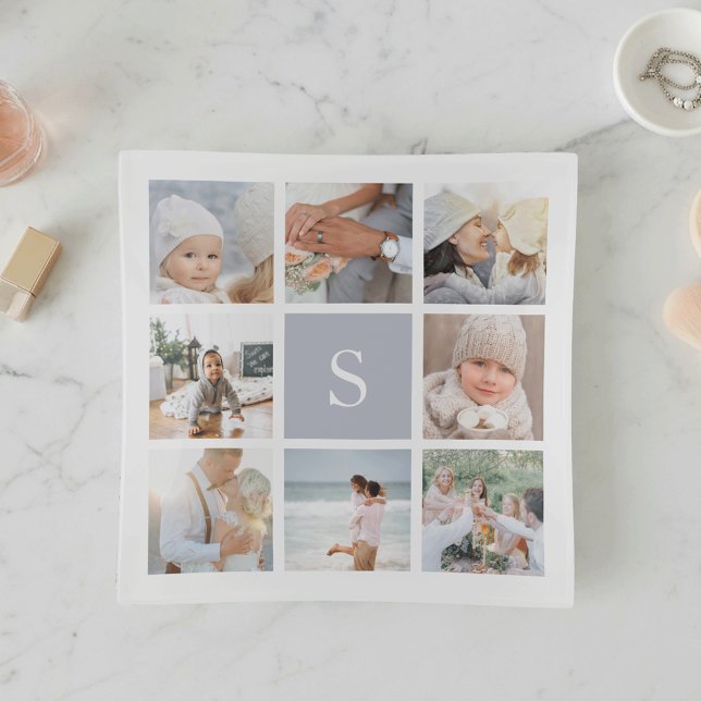 Fog Grey Monogram Photo Collage Trinket Tray (Creator Uploaded)