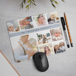 Fog Grey Stripe Photo Collage Mouse Pad<br><div class="desc">Chic photo collage mousepad displays nine favorite photos in a square format,  with your family name,  business name or choice of personalization displayed on a thin band of fog gray.</div>