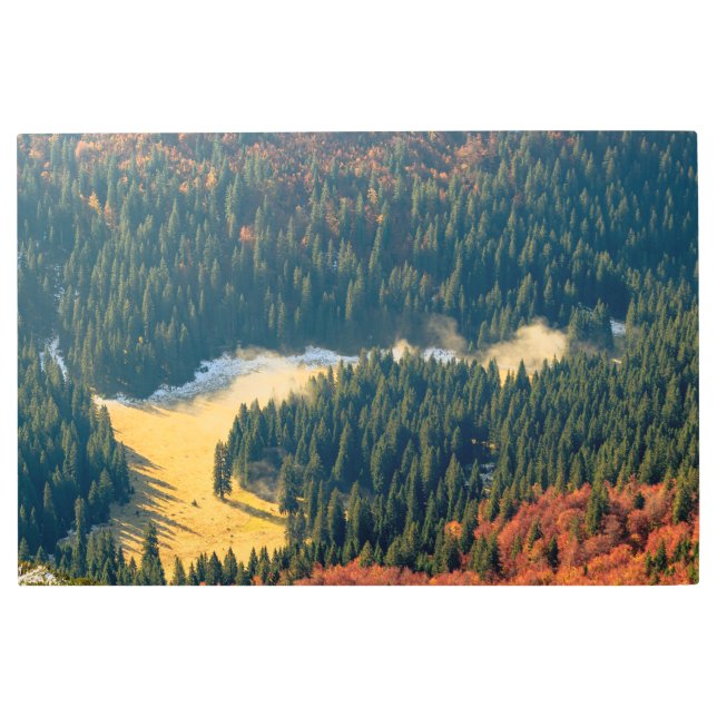 Fog rolling on a lonely autumn field metal print (Front)