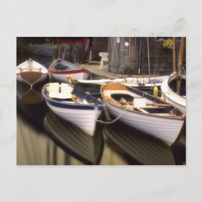 Fog surrounds four boats docked. postcard (Front)