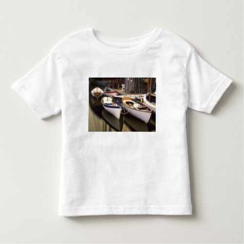 Fog surrounds four boats docked toddler t_shirt