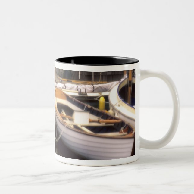 Fog surrounds four boats docked. Two-Tone coffee mug (Right)