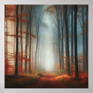 Foggy Autumn Forest Poster, Tranquil Colorful Tree Poster