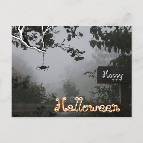 Foggy Autumn Garden with Spider HALLOWEEN Postcard