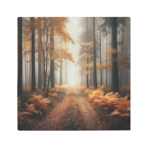 Foggy Autumn Path with Golden Leaves – Wall Metal Print