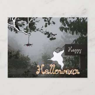 Foggy Autumn & Spider-Ghost HALLOWEEN Postcard