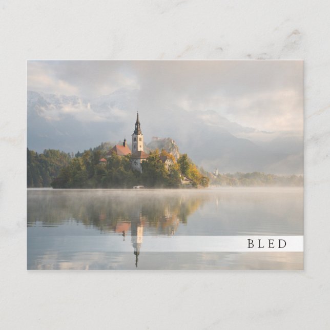 Foggy Bled Lake sunrise bar postcard (Front)