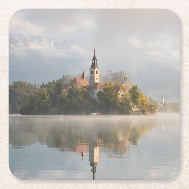 Foggy Bled Lake sunrise coaster (Front)