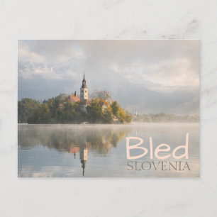 Foggy Bled Lake sunrise double text postcard