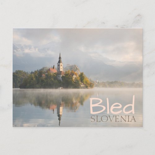 Foggy Bled Lake sunrise double text postcard