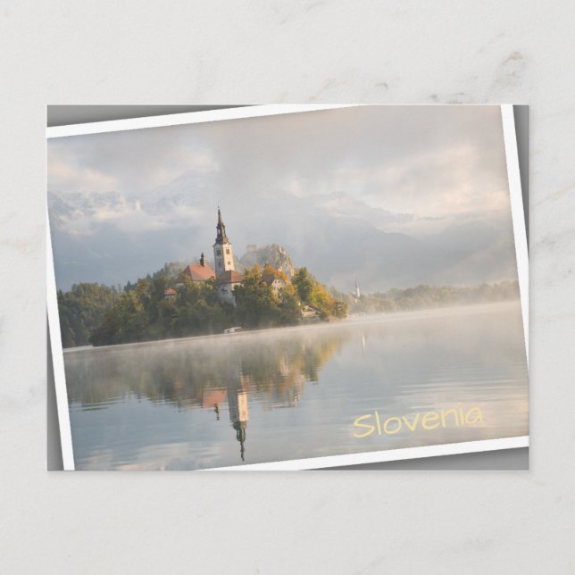 Foggy Bled Lake sunrise in Slovenia Postcard (Front)