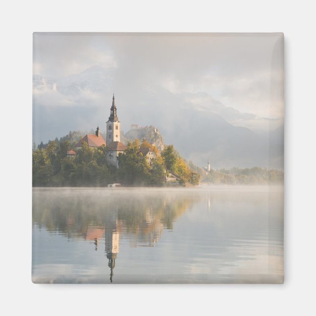 Foggy Bled Lake sunrise magnet (Front)