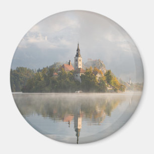 Foggy Bled Lake sunrise round magnet